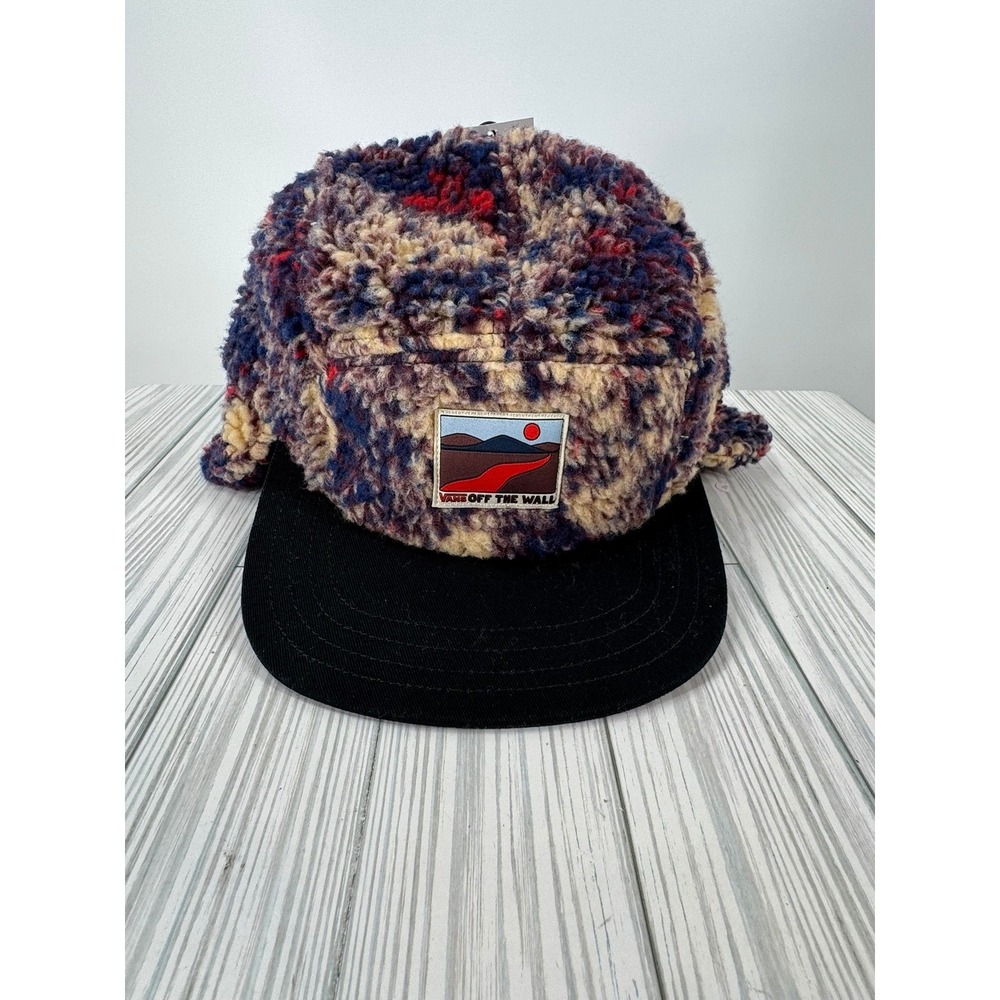 Vans Panel Hat Cap Fitted Red Blue Sherpa Fleece Ear Neck Flap NWT Size O/S